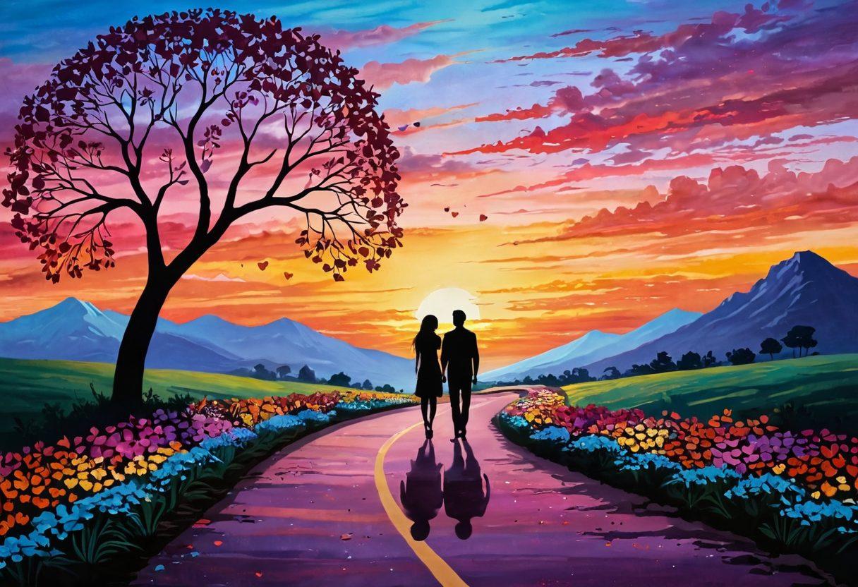 A beautifully intertwined path symbolizing love, featuring colorful hearts and blooming flowers lining the road. Include silhouettes of couples at various stages—courtship, engagement, and companionship—strolling together. The sky should transition from dawn to dusk, representing the journey of love over time. Infuse the scene with warmth and positivity. vibrant colors. painting.
