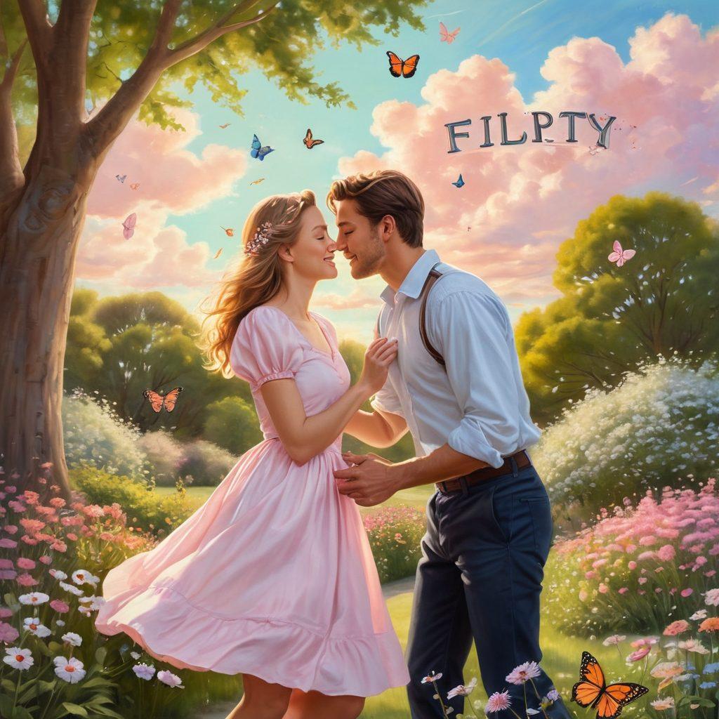 A whimsical scene capturing a couple exchanging playful glances in a sun-drenched park, surrounded by blooming flowers and butterflies. The man is holding a playful sign that says 'Flirt' while the woman playfully rolls her eyes. The atmosphere is lighthearted and romantic, with soft pastel colors enhancing the feeling of warmth and connection. The background features a dreamy sky filled with fluffy clouds. pastel painting.