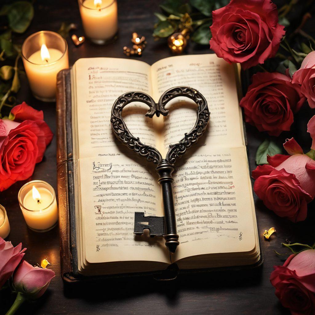 A heart-shaped key unlocking a vintage diary with glowing pages, surrounded by lush roses and soft candlelight, symbolizing love and affection. In the background, soft clouds and twinkling stars hint at passion and romance. The scene exudes warmth and intimacy, inviting readers to explore the depths of affection. soft focus. super-realistic. warm colors.